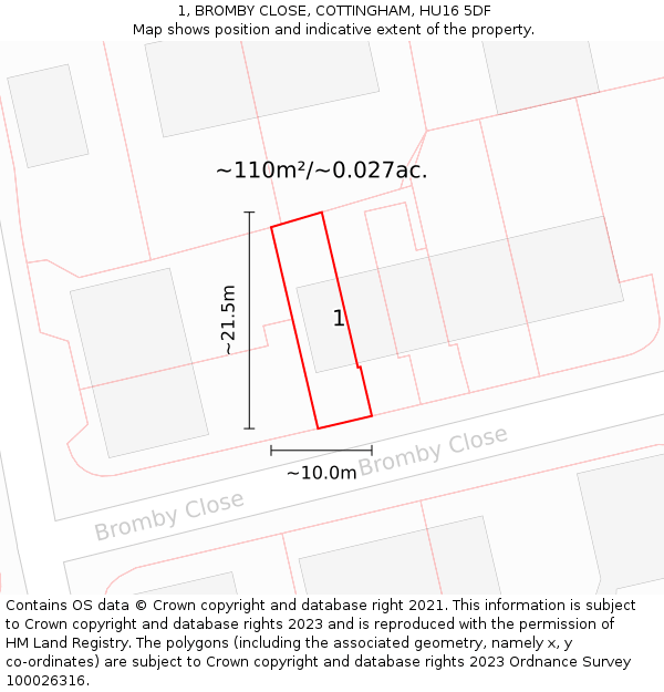 1, BROMBY CLOSE, COTTINGHAM, HU16 5DF: Plot and title map