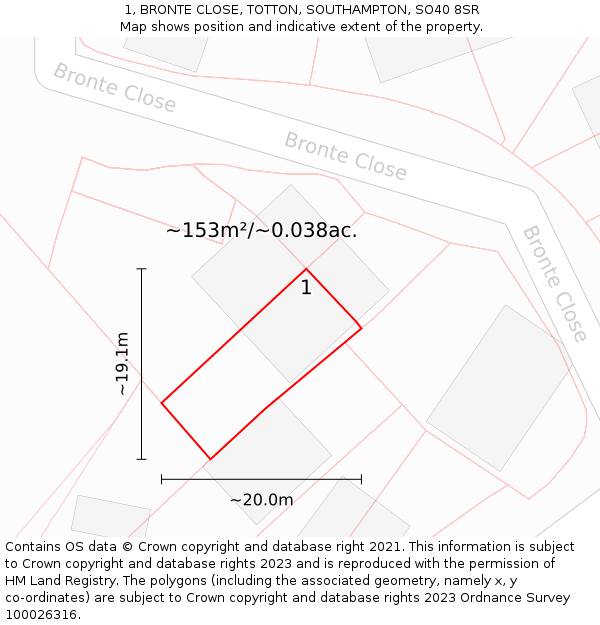 1, BRONTE CLOSE, TOTTON, SOUTHAMPTON, SO40 8SR: Plot and title map