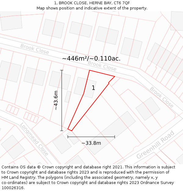 1, BROOK CLOSE, HERNE BAY, CT6 7QF: Plot and title map