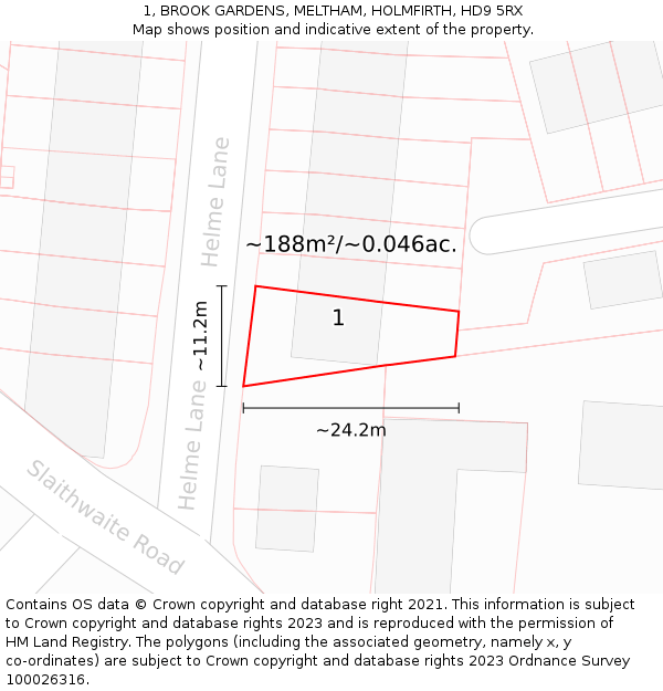 1, BROOK GARDENS, MELTHAM, HOLMFIRTH, HD9 5RX: Plot and title map