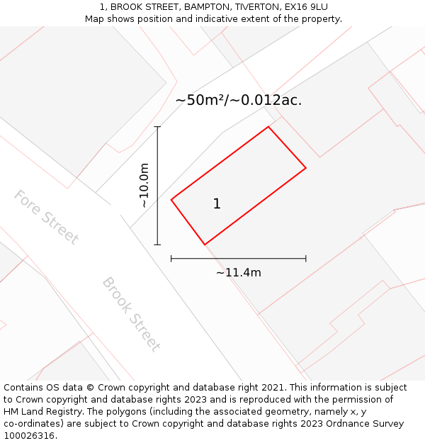 1, BROOK STREET, BAMPTON, TIVERTON, EX16 9LU: Plot and title map