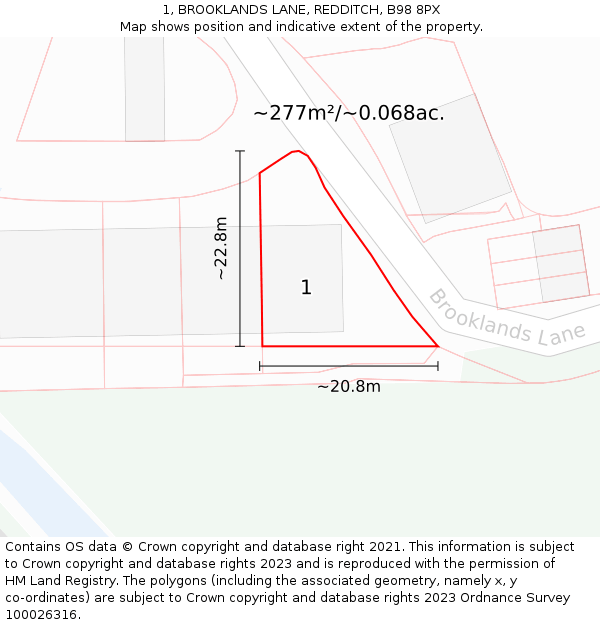 1, BROOKLANDS LANE, REDDITCH, B98 8PX: Plot and title map