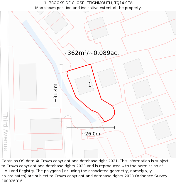1, BROOKSIDE CLOSE, TEIGNMOUTH, TQ14 9EA: Plot and title map