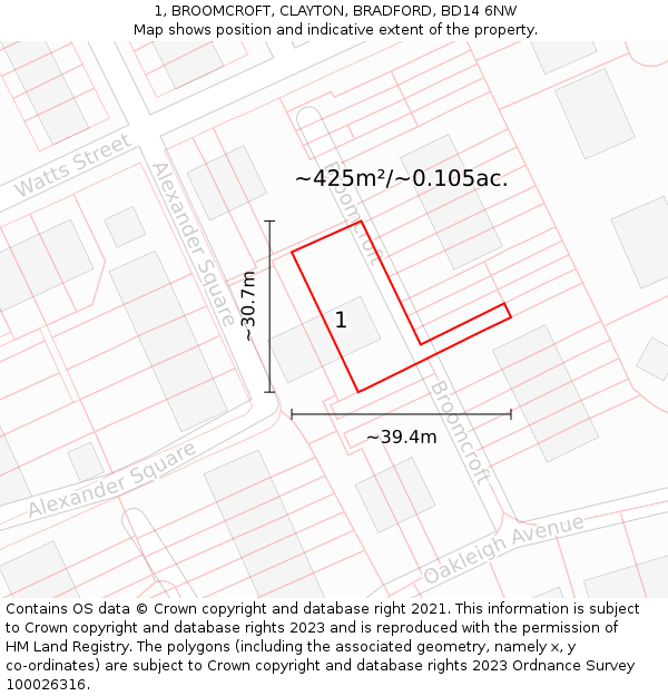 1, BROOMCROFT, CLAYTON, BRADFORD, BD14 6NW: Plot and title map