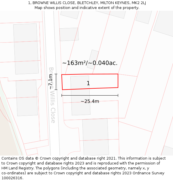 1, BROWNE WILLIS CLOSE, BLETCHLEY, MILTON KEYNES, MK2 2LJ: Plot and title map