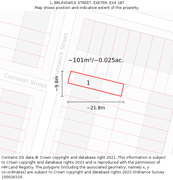 1, BRUNSWICK STREET, EXETER, EX4 1BT: Plot and title map