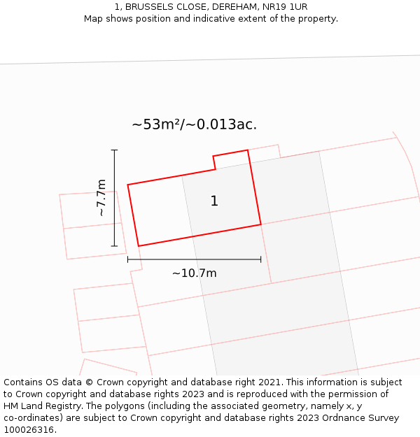 1, BRUSSELS CLOSE, DEREHAM, NR19 1UR: Plot and title map