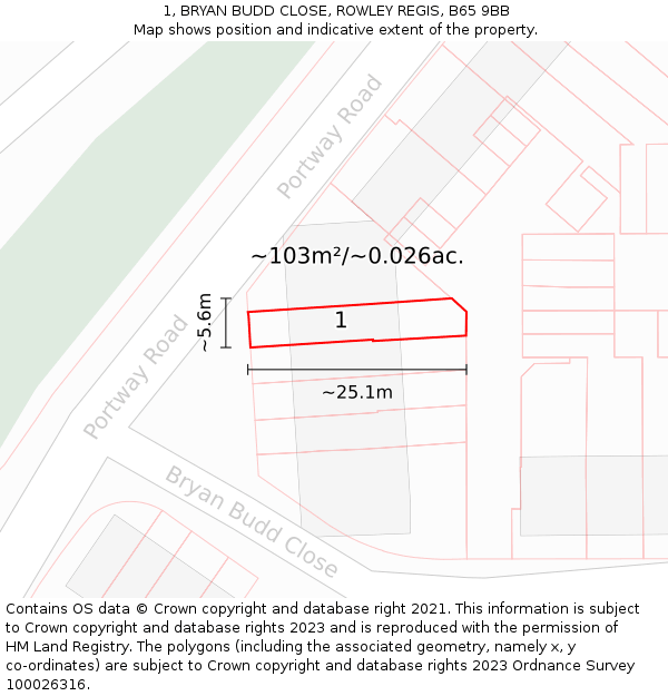 1, BRYAN BUDD CLOSE, ROWLEY REGIS, B65 9BB: Plot and title map