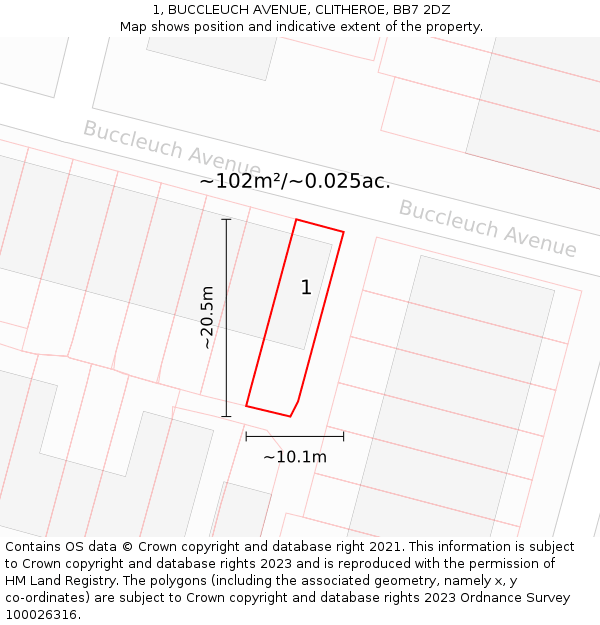 1, BUCCLEUCH AVENUE, CLITHEROE, BB7 2DZ: Plot and title map
