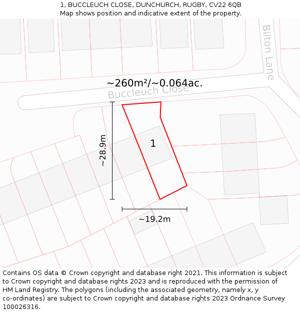 1, BUCCLEUCH CLOSE, DUNCHURCH, RUGBY, CV22 6QB: Plot and title map
