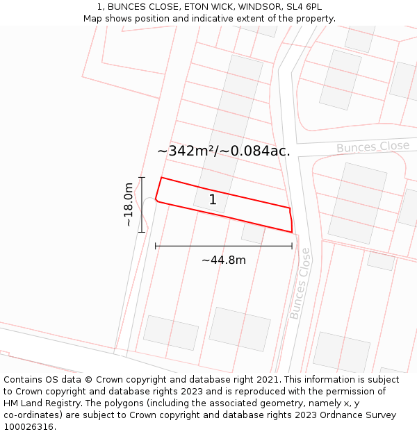 1, BUNCES CLOSE, ETON WICK, WINDSOR, SL4 6PL: Plot and title map