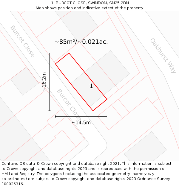 1, BURCOT CLOSE, SWINDON, SN25 2BN: Plot and title map