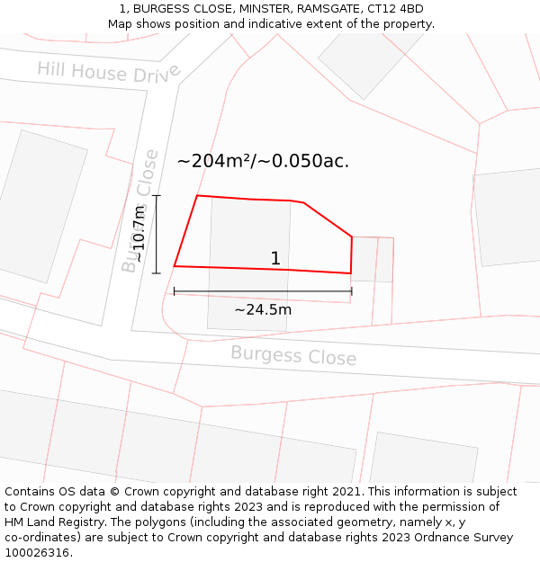 1, BURGESS CLOSE, MINSTER, RAMSGATE, CT12 4BD: Plot and title map