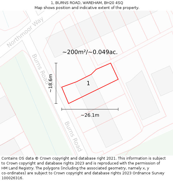 1, BURNS ROAD, WAREHAM, BH20 4SQ: Plot and title map