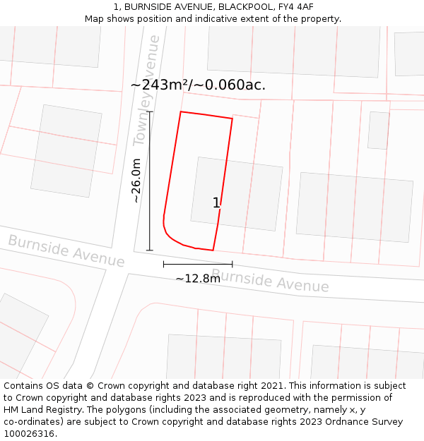 1, BURNSIDE AVENUE, BLACKPOOL, FY4 4AF: Plot and title map