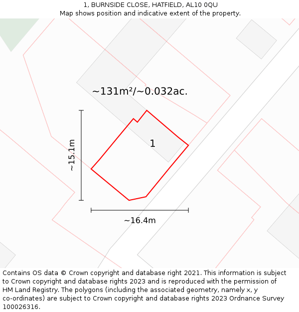 1, BURNSIDE CLOSE, HATFIELD, AL10 0QU: Plot and title map