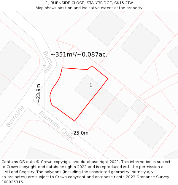 1, BURNSIDE CLOSE, STALYBRIDGE, SK15 2TW: Plot and title map