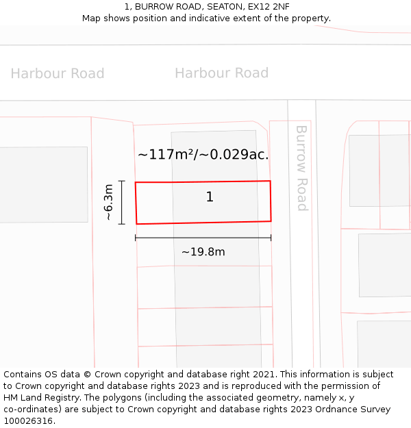 1, BURROW ROAD, SEATON, EX12 2NF: Plot and title map