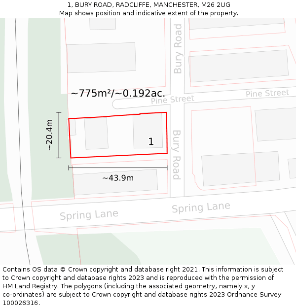 1, BURY ROAD, RADCLIFFE, MANCHESTER, M26 2UG: Plot and title map