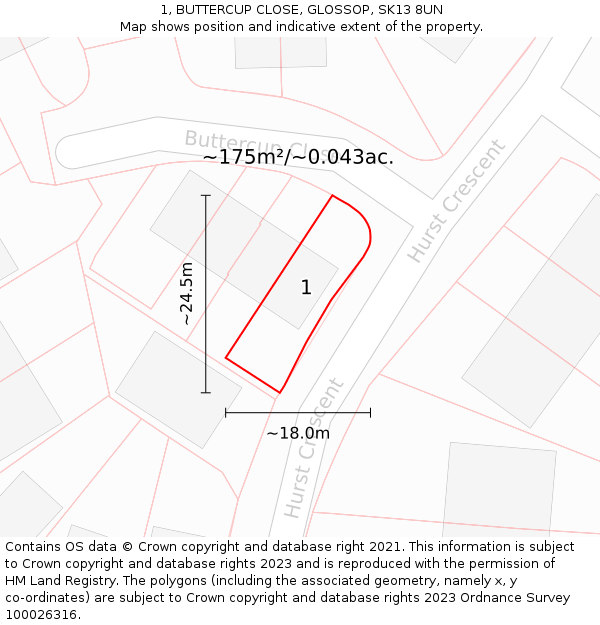 1, BUTTERCUP CLOSE, GLOSSOP, SK13 8UN: Plot and title map
