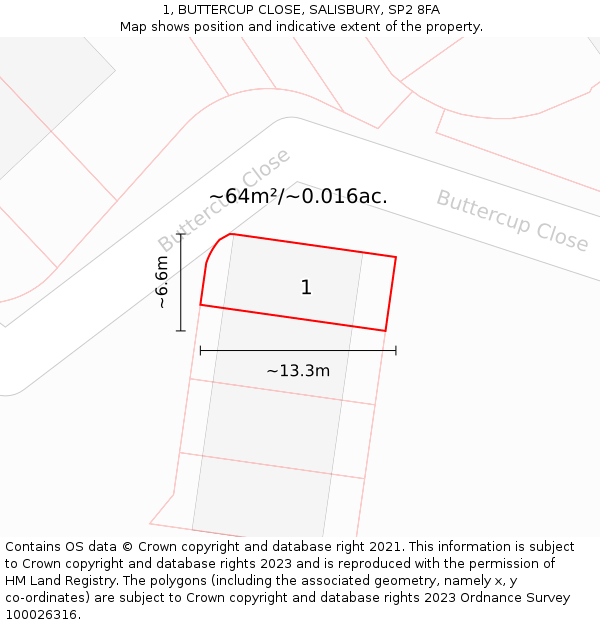 1, BUTTERCUP CLOSE, SALISBURY, SP2 8FA: Plot and title map