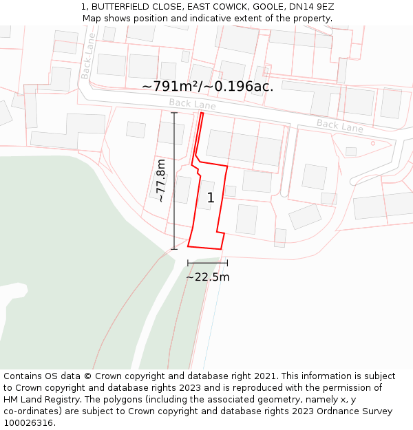 1, BUTTERFIELD CLOSE, EAST COWICK, GOOLE, DN14 9EZ: Plot and title map