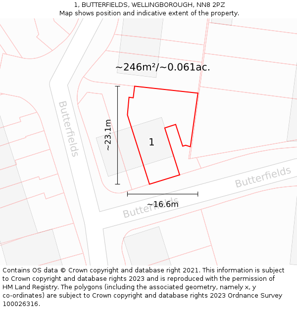 1, BUTTERFIELDS, WELLINGBOROUGH, NN8 2PZ: Plot and title map