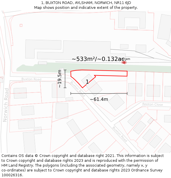 1, BUXTON ROAD, AYLSHAM, NORWICH, NR11 6JD: Plot and title map