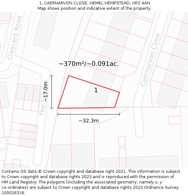 1, CAERNARVON CLOSE, HEMEL HEMPSTEAD, HP2 4AN: Plot and title map