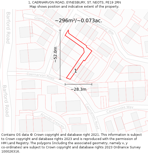 1, CAERNARVON ROAD, EYNESBURY, ST. NEOTS, PE19 2RN: Plot and title map