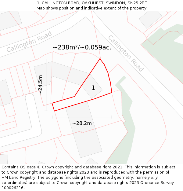 1, CALLINGTON ROAD, OAKHURST, SWINDON, SN25 2BE: Plot and title map