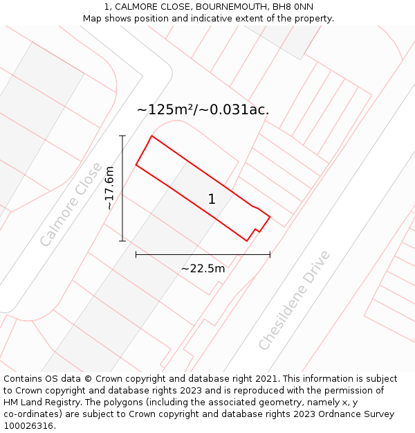 1, CALMORE CLOSE, BOURNEMOUTH, BH8 0NN: Plot and title map