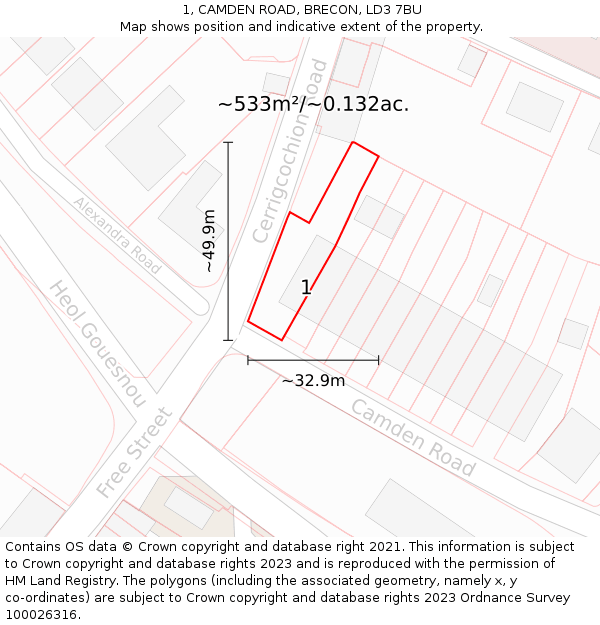 1, CAMDEN ROAD, BRECON, LD3 7BU: Plot and title map