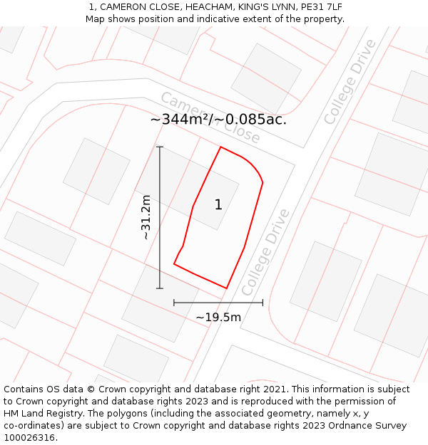 1, CAMERON CLOSE, HEACHAM, KING'S LYNN, PE31 7LF: Plot and title map