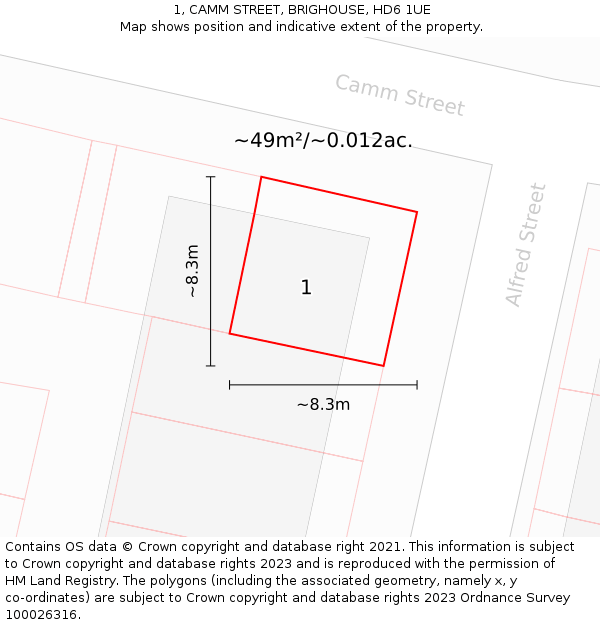 1, CAMM STREET, BRIGHOUSE, HD6 1UE: Plot and title map