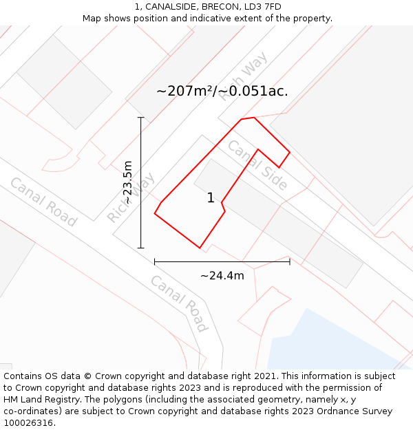 1, CANALSIDE, BRECON, LD3 7FD: Plot and title map