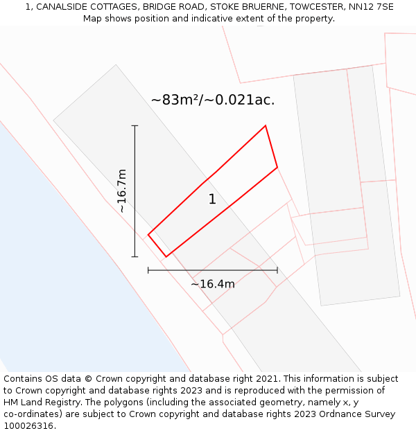 1, CANALSIDE COTTAGES, BRIDGE ROAD, STOKE BRUERNE, TOWCESTER, NN12 7SE: Plot and title map