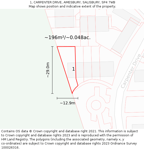 1, CARPENTER DRIVE, AMESBURY, SALISBURY, SP4 7WB: Plot and title map