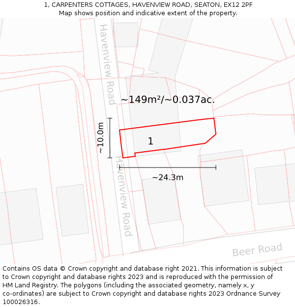 1, CARPENTERS COTTAGES, HAVENVIEW ROAD, SEATON, EX12 2PF: Plot and title map