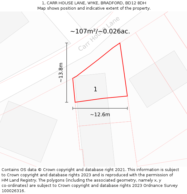 1, CARR HOUSE LANE, WYKE, BRADFORD, BD12 8DH: Plot and title map