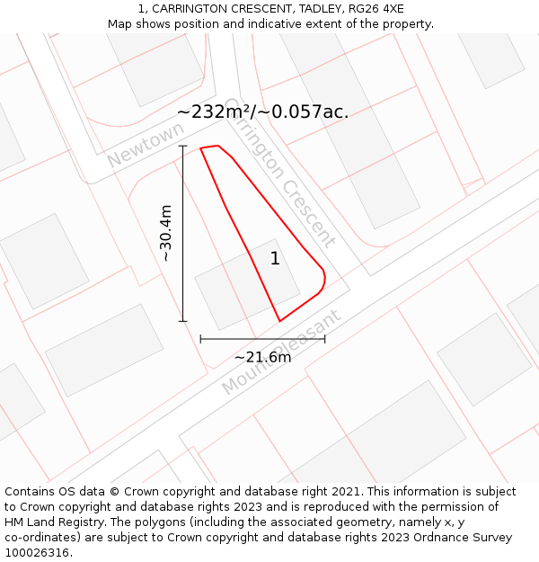 1, CARRINGTON CRESCENT, TADLEY, RG26 4XE: Plot and title map