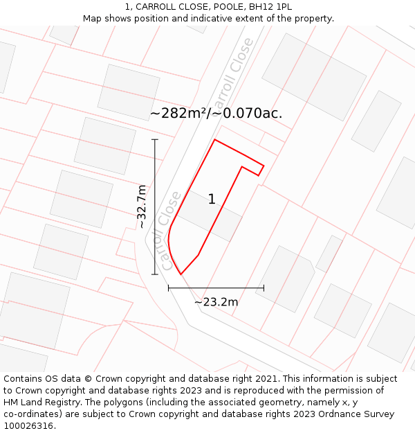 1, CARROLL CLOSE, POOLE, BH12 1PL: Plot and title map