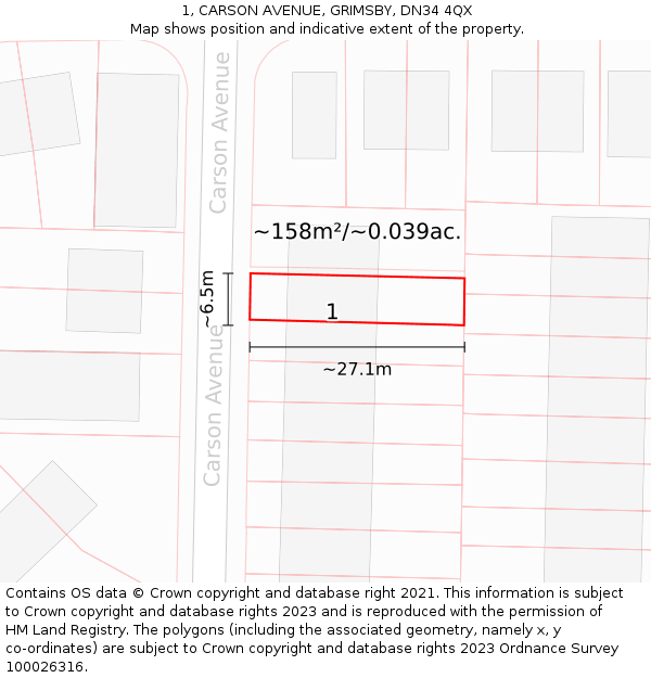 1, CARSON AVENUE, GRIMSBY, DN34 4QX: Plot and title map