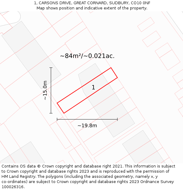 1, CARSONS DRIVE, GREAT CORNARD, SUDBURY, CO10 0NF: Plot and title map