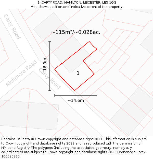 1, CARTY ROAD, HAMILTON, LEICESTER, LE5 1QG: Plot and title map