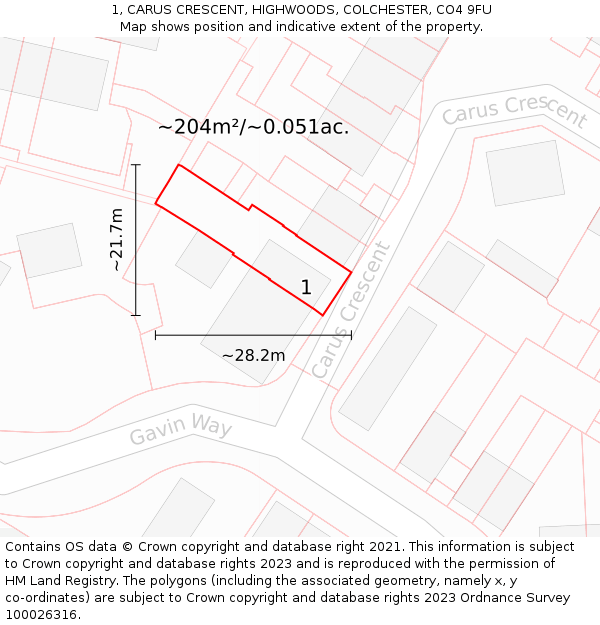 1, CARUS CRESCENT, HIGHWOODS, COLCHESTER, CO4 9FU: Plot and title map