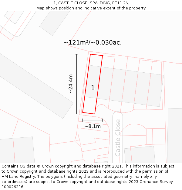 1, CASTLE CLOSE, SPALDING, PE11 2NJ: Plot and title map