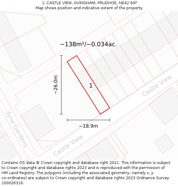 1, CASTLE VIEW, OVINGHAM, PRUDHOE, NE42 6AT: Plot and title map