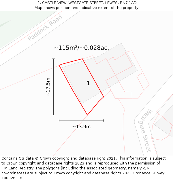 1, CASTLE VIEW, WESTGATE STREET, LEWES, BN7 1AD: Plot and title map