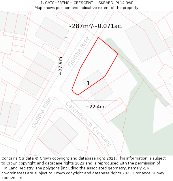 1, CATCHFRENCH CRESCENT, LISKEARD, PL14 3WP: Plot and title map